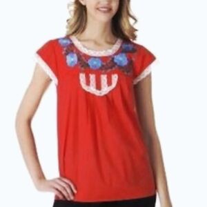 Tracy Feith Red Blouse Embroidered Floral Print Lace Trim Folk Wear Traditional